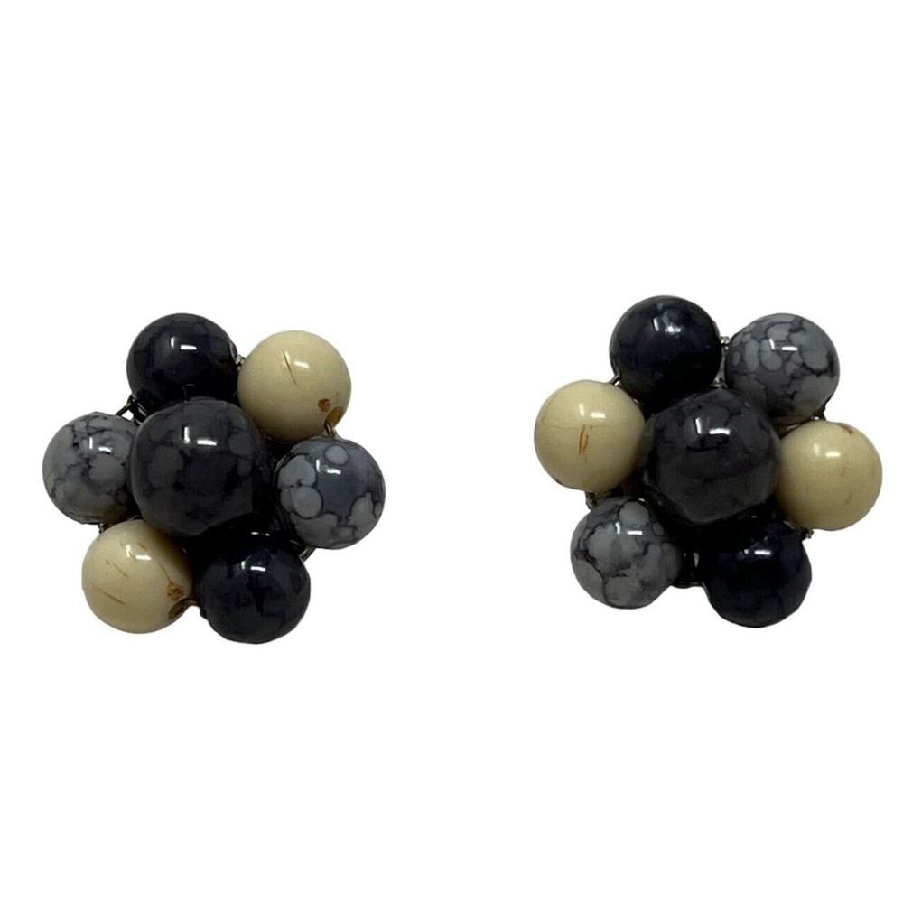 Vintage Clip On Earrings Marbled Blue Gray White Stones Silver Tone Metal